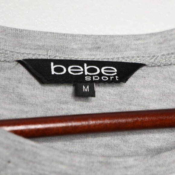 Bebe Sport Logo Boxy T-Shirt Mesh Shoulder Stretch Top Retro Grey Black Casual - Picture 6 of 9